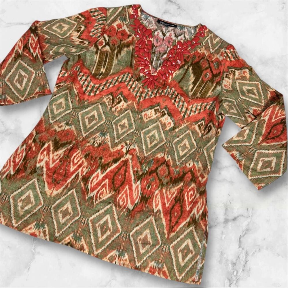 JONES NEW YORK Size Medium 100% Linen Embellished Yoke Tunic Ikat Loden Art